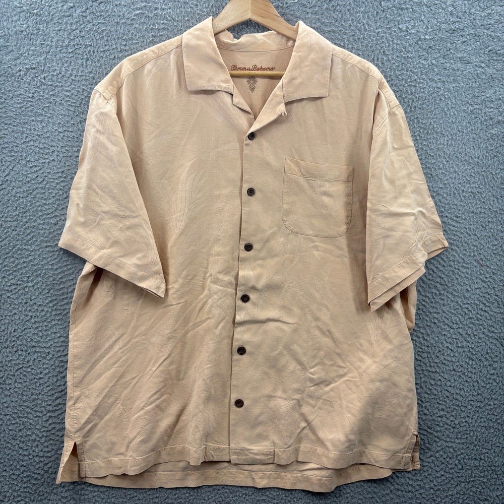 Tommy Bahama Shirt Mens XL Peach Silk Tropical Jacquard Short Sleeve Button Up